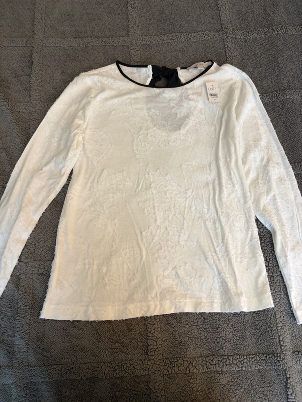 LOFT White Long-Sleeve Textured Top with Black Trim